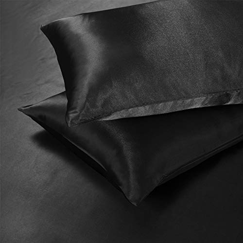 AiMay 3 Piece Satin Duvet Cover Set Bedding Sets Queen Black 1800 Series Luxury Rich Silk Silky Super Soft Solid Color Reversible Zipper Closure Sexy Honeymoon Wrinkle Free (Queen, Black) - Image 2