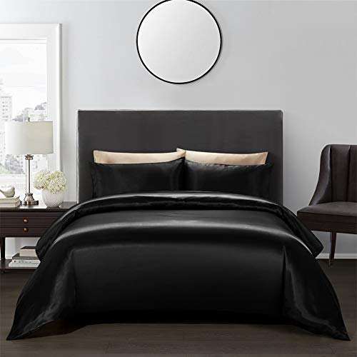 AiMay 3 Piece Satin Duvet Cover Set Bedding Sets Queen Black 1800 Series Luxury Rich Silk Silky Super Soft Solid Color Reversible Zipper Closure Sexy Honeymoon Wrinkle Free (Queen, Black) - Image 1