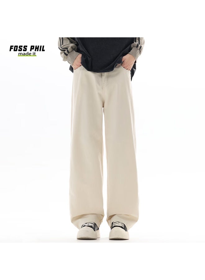 Foss Phil Casual Pants Autumn Winter Loose Straight Workwear Triple Sch Pure Cotton Trousers Men 8526 Off-white S - Image 4