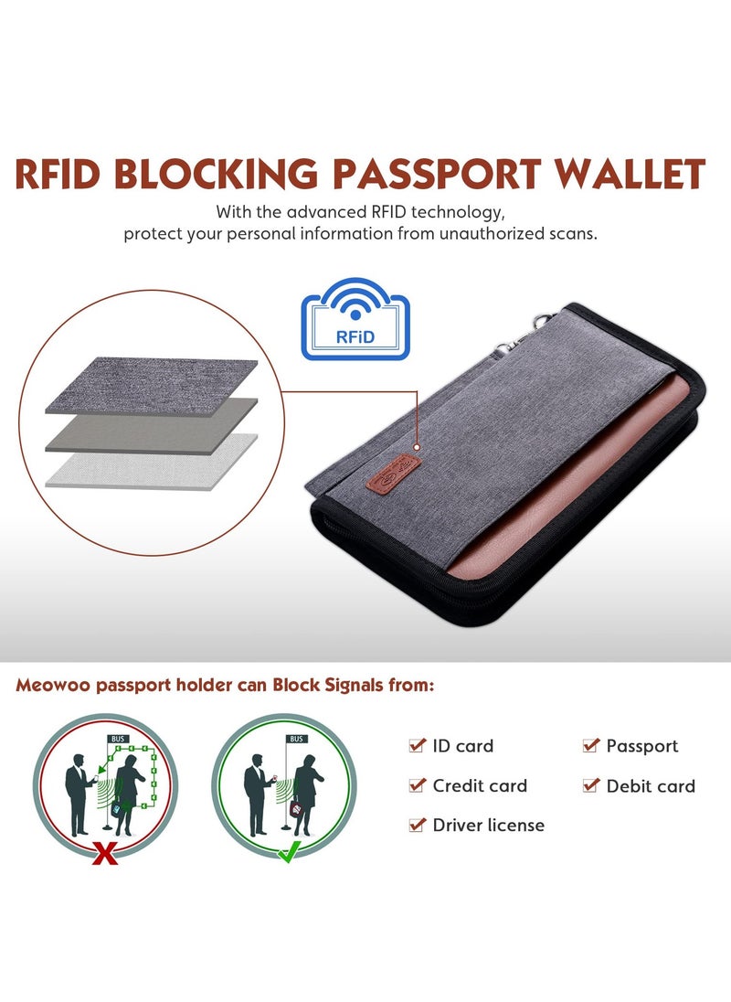 SYOSI - Travel Wallet, Family Passport Holder, Travel Documents Holder Organizer with Luggage Tag, Passport Wallet with RFID Blocking for Men, ID, Money, Tickets with Zipper & Excellent Materials(Gray) - Image 1