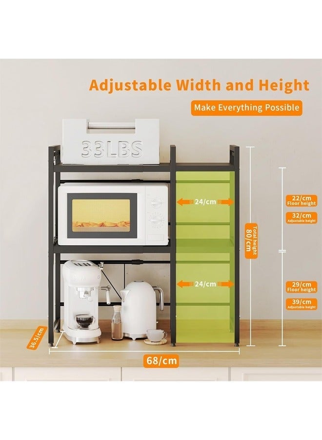 Arabest Microwave Stand, 2-Tier Microwave Oven Rack With 6 Hooks, Expandable Horizontal Extension Microwave Shelf, Kitchen Counter Organizer for Toaster Oven Rice Cooker - Image 2