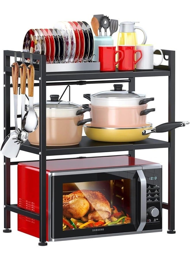 Arabest Microwave Stand, 2-Tier Microwave Oven Rack With 6 Hooks, Expandable Horizontal Extension Microwave Shelf, Kitchen Counter Organizer for Toaster Oven Rice Cooker - Image 1