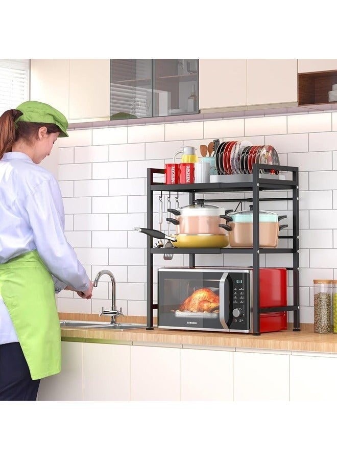 Arabest Microwave Stand, 2-Tier Microwave Oven Rack With 6 Hooks, Expandable Horizontal Extension Microwave Shelf, Kitchen Counter Organizer for Toaster Oven Rice Cooker - Image 3