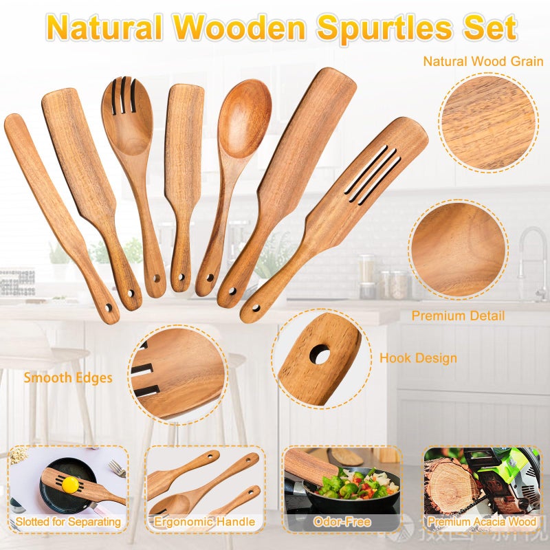 ICSTI Spurtles Kitchen Tools Wooden, 7Pcs Wooden Spoons for Cooking, Natural Premium Spatula Set, Heat Resistant Cooking Utensil for Nonstick Cookware, Spurtle for Sourdough Starter - Image 3