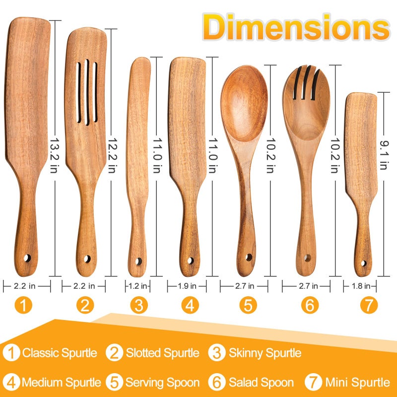 ICSTI Spurtles Kitchen Tools Wooden, 7Pcs Wooden Spoons for Cooking, Natural Premium Spatula Set, Heat Resistant Cooking Utensil for Nonstick Cookware, Spurtle for Sourdough Starter - Image 2