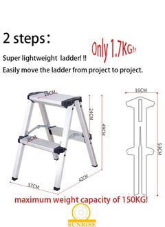 SUNRISE Step Ladder Aluminum Folding Step 2 Steps Stool With Anti Slip Sturdy And Wide Pedal Portable Multi-Use Stepladder For Home And Kitchen Use Space Saving Lightweight Aluminum  - Image 2