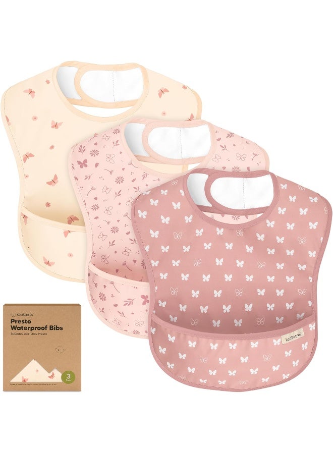 KeaBabies طقم 3 قطع من المريلة المقاومة للماء للأطفال - مريلة خفيفة الوزن لتغذية الأطفال مع جيب كبير لجمع الطعام، مقاومة للفوضى، أساسيات تغذية الأطفال من الدرجة الغذائية، سهلة الارتداء والتنظيف (فراشات) - Image 1