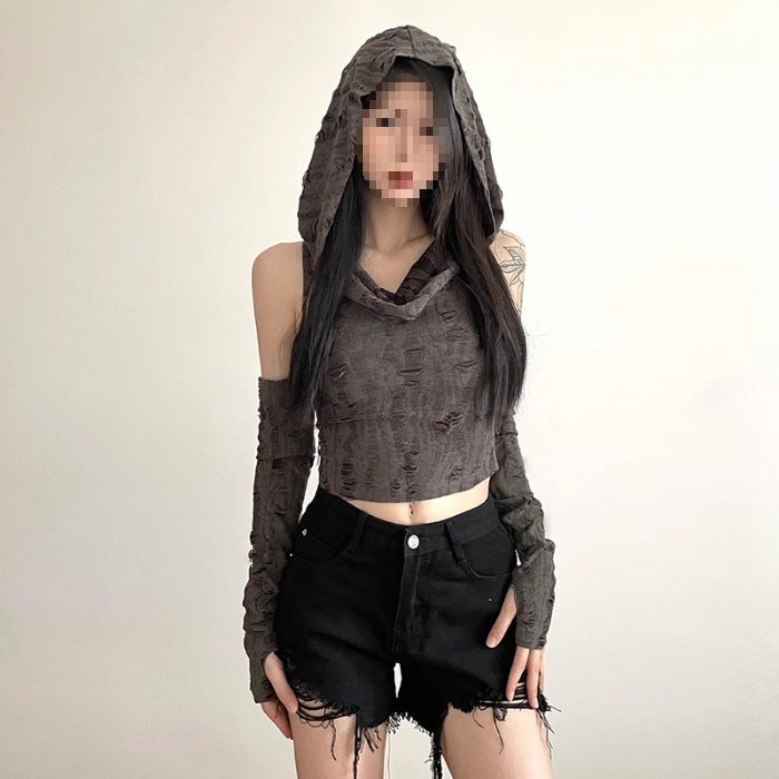 Waste Retro American Personality Hand-Worn Hooded Vest Sleeve Sleeve Long-Sleeved Skinny Spice Girls Tall Tall Tops T-Shirt - Image 1