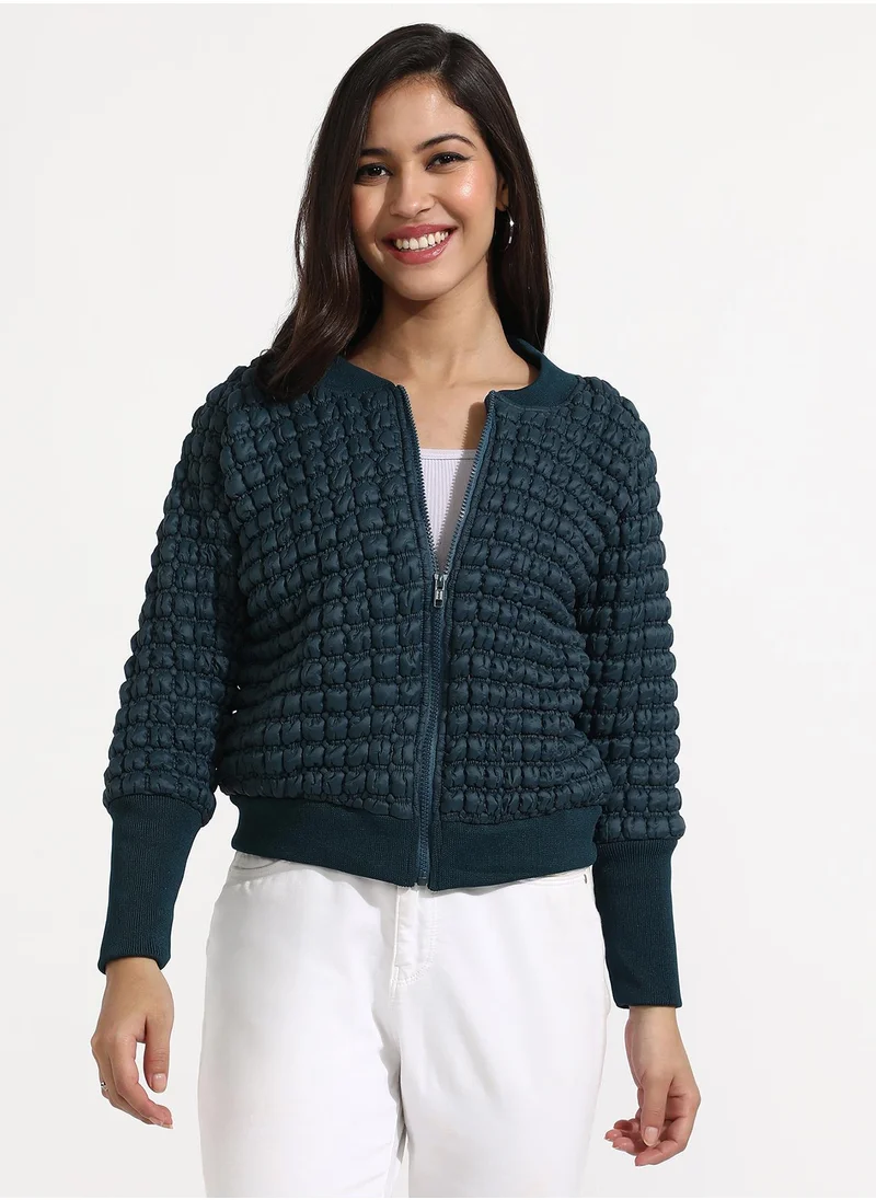 Campus Sutra Women's Teal Blue Creased Ripple Quilted Puffer Jacket
