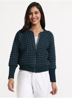 Campus Sutra Women's Teal Blue Creased Ripple Quilted Puffer Jacket  - Image 2