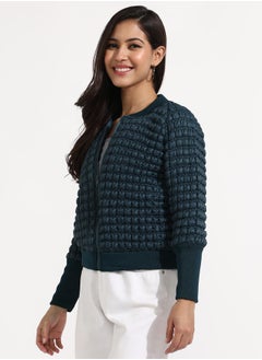 Campus Sutra Women's Teal Blue Creased Ripple Quilted Puffer Jacket  - Image 3