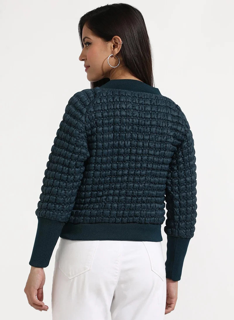Campus Sutra Women's Teal Blue Creased Ripple Quilted Puffer Jacket