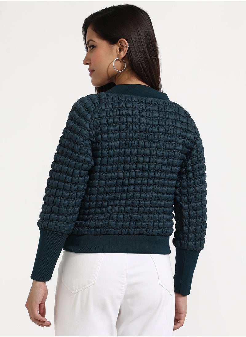 Campus Sutra Women's Teal Blue Creased Ripple Quilted Puffer Jacket  - Image 5