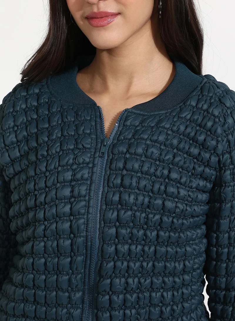 Campus Sutra Women's Teal Blue Creased Ripple Quilted Puffer Jacket