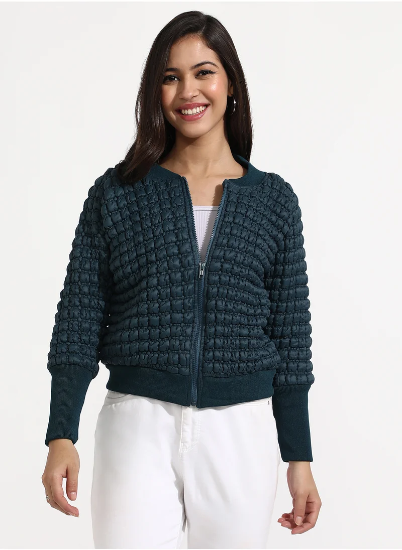 Campus Sutra Women's Teal Blue Creased Ripple Quilted Puffer Jacket