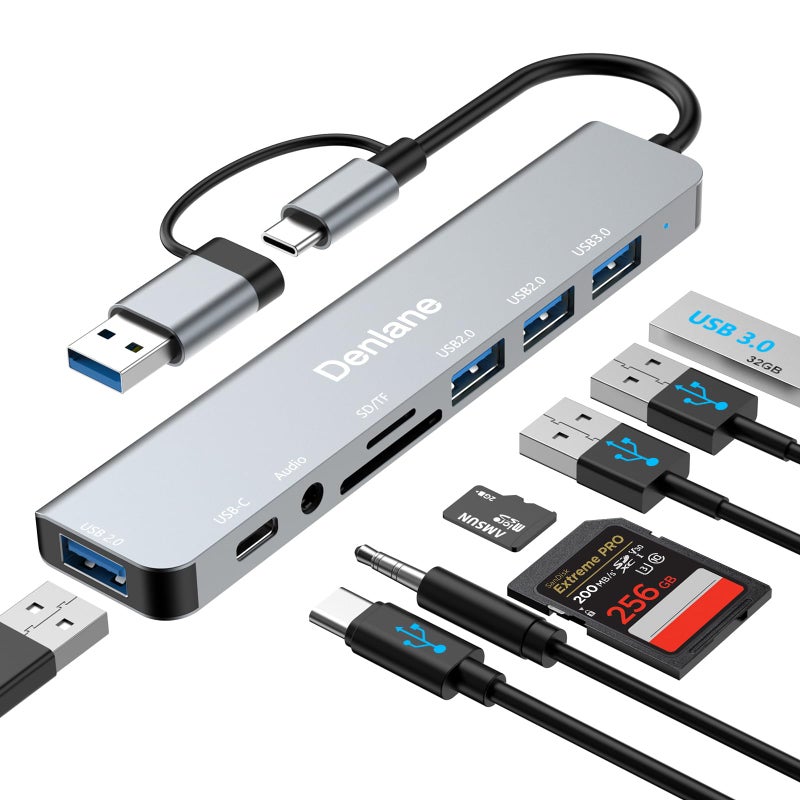 Denlane USB C Hub USB Hub 3.0 for Laptop, Upgrade 8 in 2 USB Splitter with USB-C/4 USB A Port Extender, TF/SD Card Slot, 3.5mm Audio Adapter, USBC USB Dongle for PC/Mac/MacBook/Laptop/iPad/Tablet - Image 1