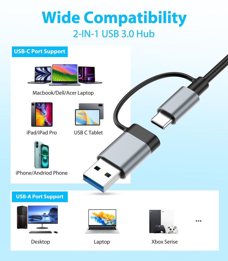Denlane USB C Hub USB Hub 3.0 for Laptop, Upgrade 8 in 2 USB Splitter with USB-C/4 USB A Port Extender, TF/SD Card Slot, 3.5mm Audio Adapter, USBC USB Dongle for PC/Mac/MacBook/Laptop/iPad/Tablet - Image 2