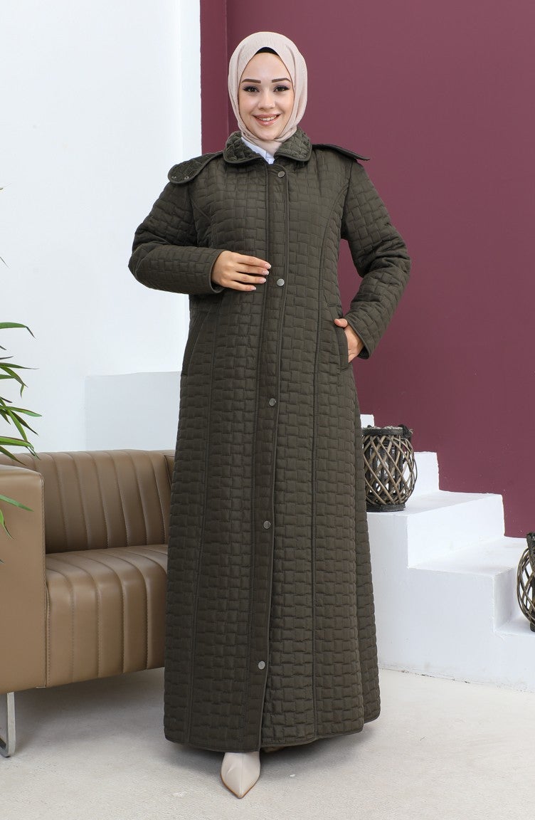 Sefa Merve Plus Size Baklava Pattern Quilted Coat 5062-03 Khaki  - Image 1