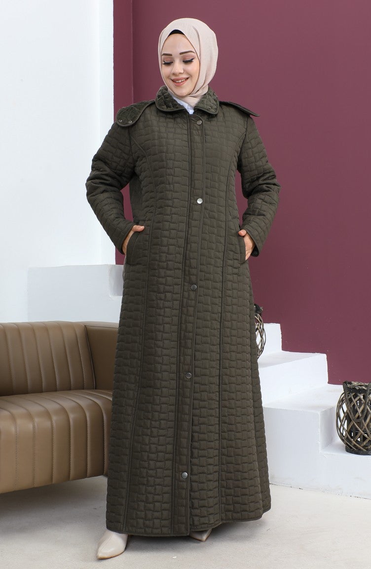 Sefa Merve Plus Size Baklava Pattern Quilted Coat 5062-03 Khaki  - Image 3