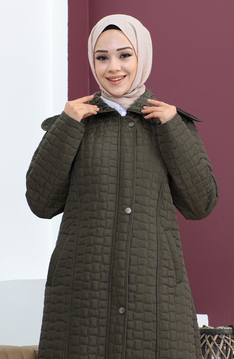 Sefa Merve Plus Size Baklava Pattern Quilted Coat 5062-03 Khaki  - Image 4