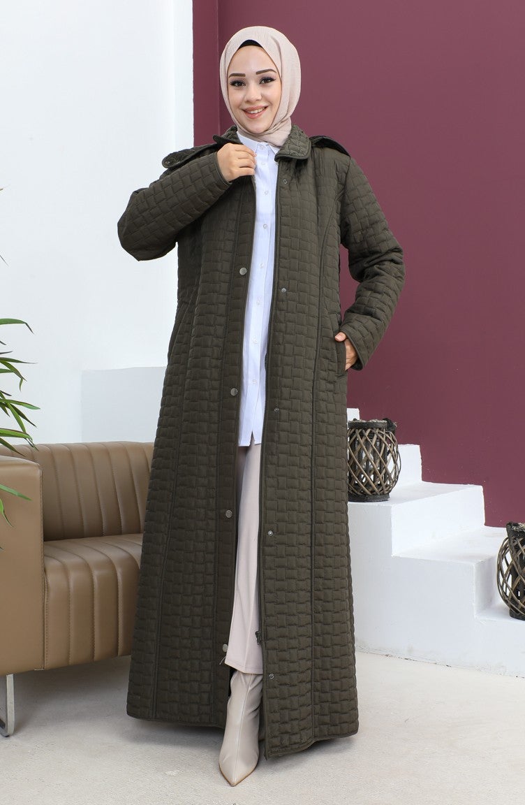 Sefa Merve Plus Size Baklava Pattern Quilted Coat 5062-03 Khaki  - Image 2