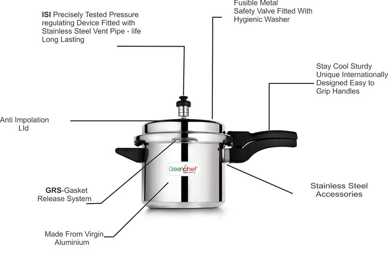 Greenchef Namo Aluminium Outer Lid Pressure Cooker 3 Litres Silver - Image 3