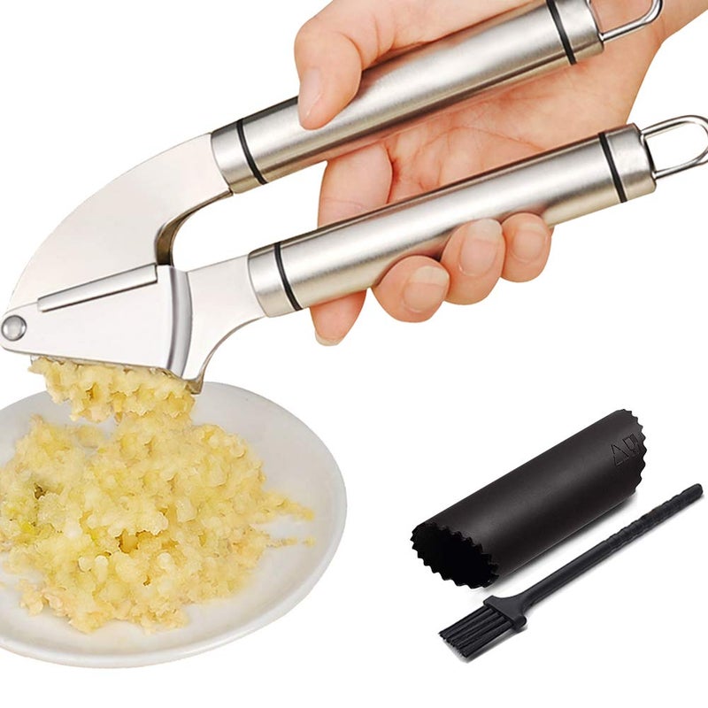 Sunkuka Premium Garlic Press Set  Large Capacity Stainless Steel Mincer Crusher  Peeler Ergonomic Design Rust Roof Easy Clean  Dishwasher Safe