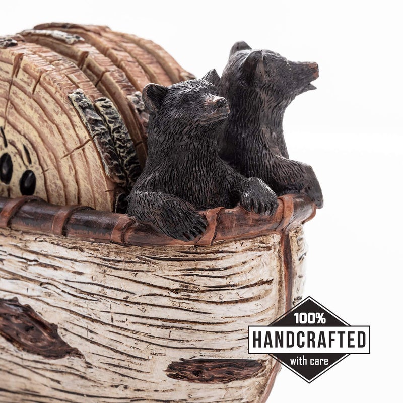 Cabin Obsession Bear Coasters Set of 6 Full Size Rustic Coasters in Handmade Canoe with Adorable Black Bear Figurines | Black Bear Log Cabin Decorations  Rustic Lodge Decor for The Home - Image 2