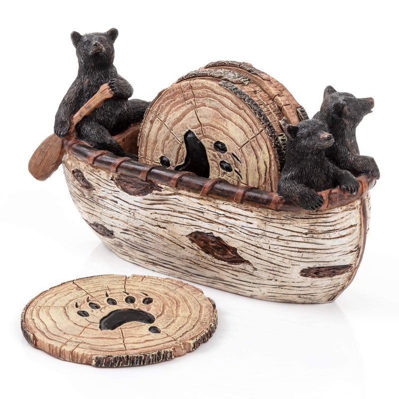 Cabin Obsession Bear Coasters Set of 6 Full Size Rustic Coasters in Handmade Canoe with Adorable Black Bear Figurines | Black Bear Log Cabin Decorations  Rustic Lodge Decor for The Home - Image 1