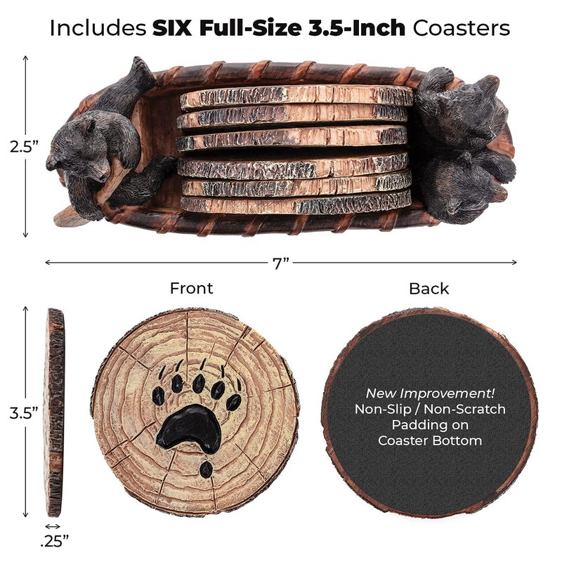 Cabin Obsession Bear Coasters Set of 6 Full Size Rustic Coasters in Handmade Canoe with Adorable Black Bear Figurines | Black Bear Log Cabin Decorations  Rustic Lodge Decor for The Home - Image 3