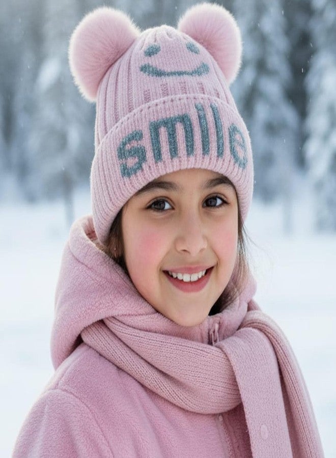 C Classic Kids Woolen Beanie Pom Pom Baby Boys and Girls Sleeping Walking Cycling Skiing Snowboarding Running Hiking (4 to 10 Years) (Pink) - Image 2