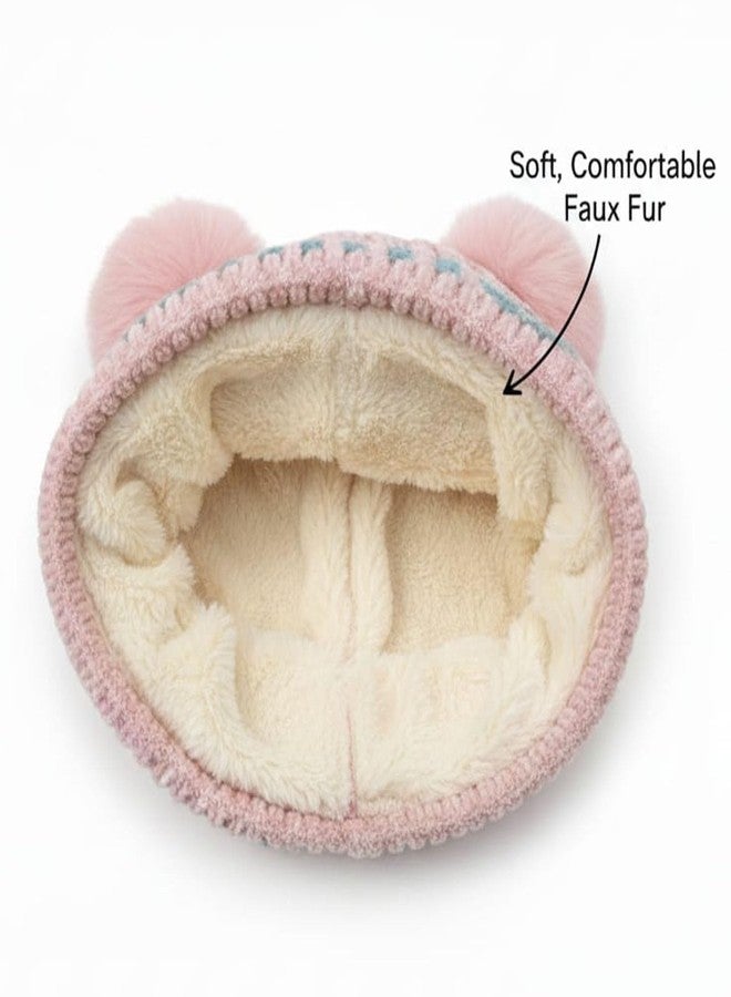 C Classic Kids Woolen Beanie Pom Pom Baby Boys and Girls Sleeping Walking Cycling Skiing Snowboarding Running Hiking (4 to 10 Years) (Pink) - Image 4