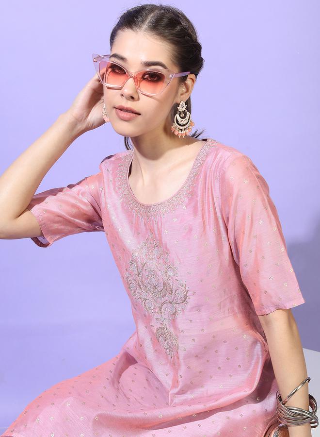 Vishudh Women Pink Printed Kurta with Trouser - Image 2