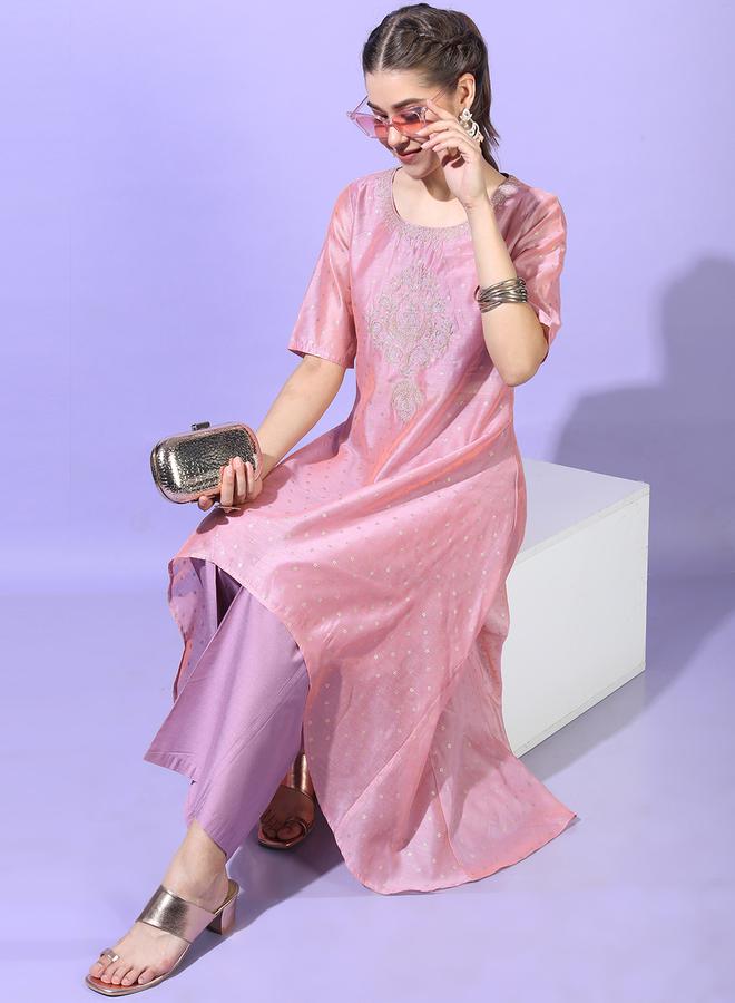 Vishudh Women Pink Printed Kurta with Trouser - Image 1