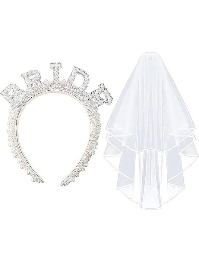 Unewshi Bride to be Single Party BRIDE Pearl Headband White Headdress Set Wedding Decoration,Bachelorette Party Bridal Shower Decorations Bride To Be Gifts，Veil + BRIDE Pearl Headband - Image 1