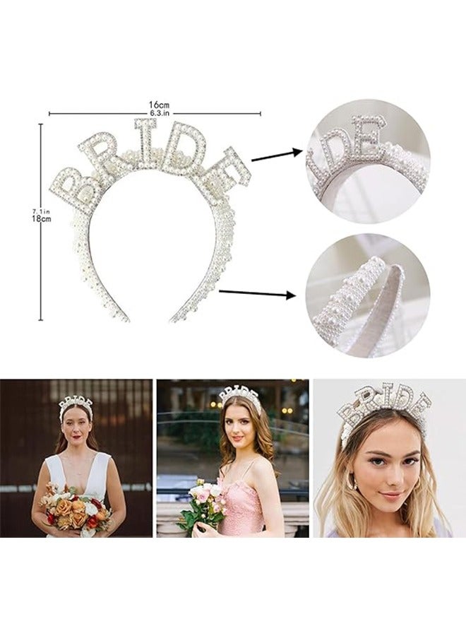Unewshi Bride to be Single Party BRIDE Pearl Headband White Headdress Set Wedding Decoration,Bachelorette Party Bridal Shower Decorations Bride To Be Gifts，Veil + BRIDE Pearl Headband - Image 2