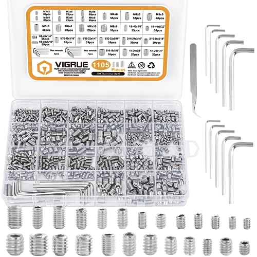 VIGRUE 1105PCS 25 Sizes Metric & SAE Set Screw Assortment Kit Internal Hex Drive Allen Grub Screws Set Cup-Point 304 Stainless Steel, M3 to M8 and 1/8-40 to 5/16-18 - Image 1
