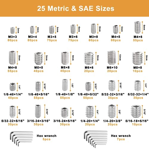 VIGRUE 1105PCS 25 Sizes Metric & SAE Set Screw Assortment Kit Internal Hex Drive Allen Grub Screws Set Cup-Point 304 Stainless Steel, M3 to M8 and 1/8-40 to 5/16-18 - Image 2