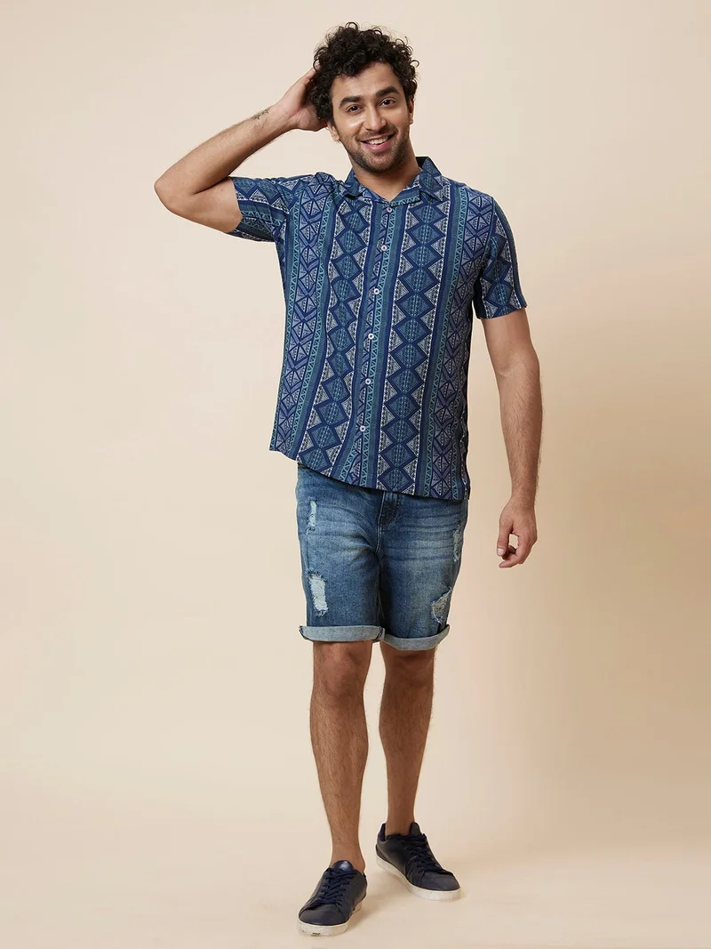 globus Globus Men Blue Printed Regular Fit Casual Shirt