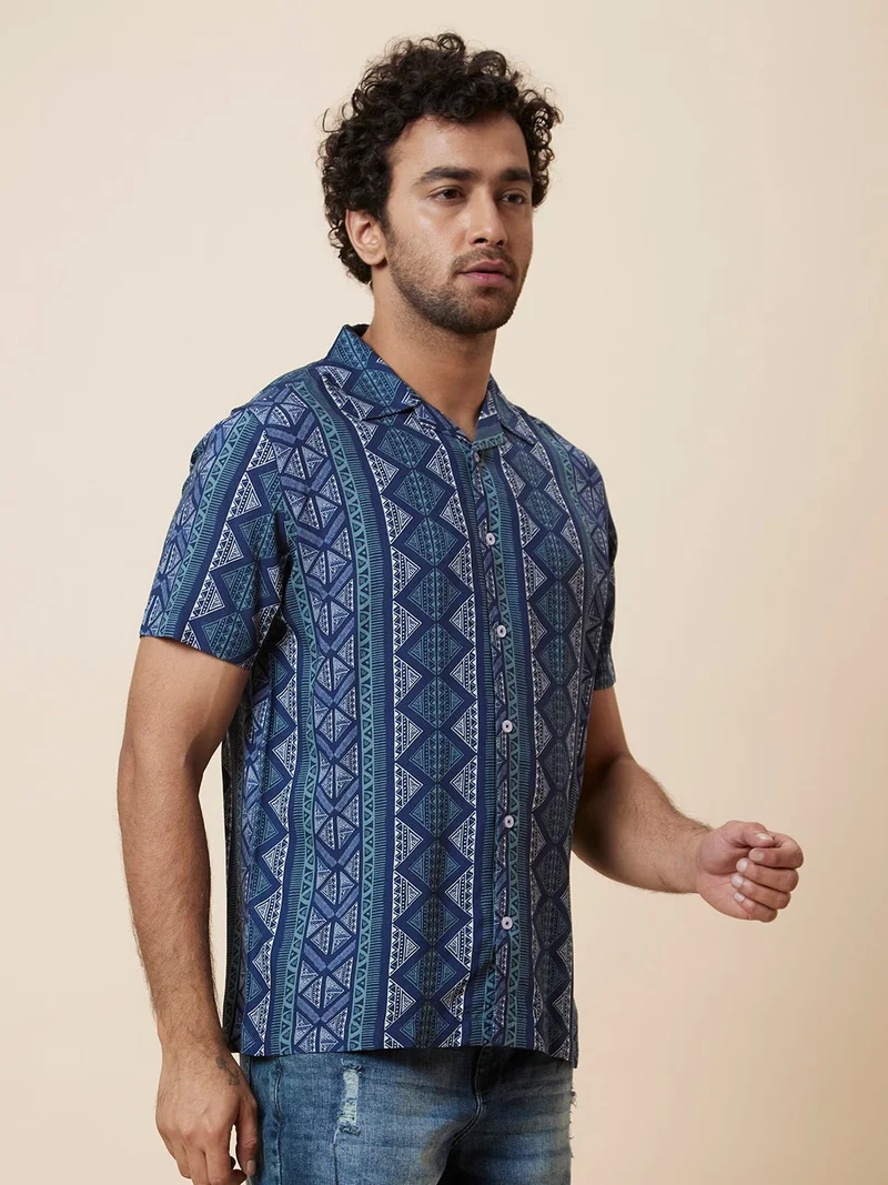 globus Globus Men Blue Printed Regular Fit Casual Shirt