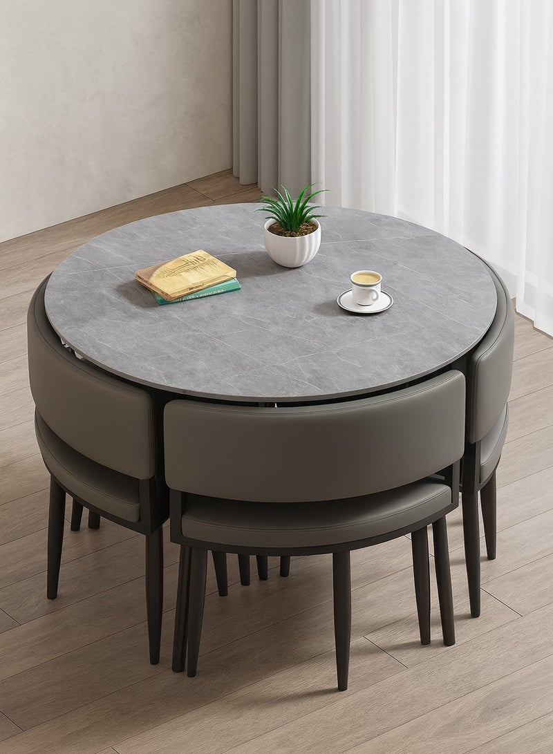 Harmony Home 5-Piece Round Dining Table Set – Grey Ceramic Marble Top with Metal Legs & 4 PU Leather Cushioned Chairs – Modern Dining Furniture for Kitchen & Small Spaces - Image 1