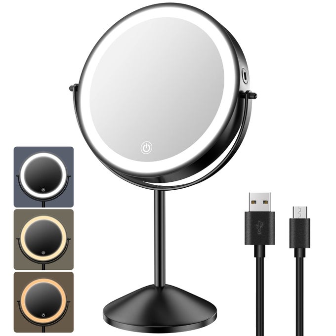 8 INCH LIGHTED MAKEUP VANITY MIRROR WITH 3 COLOR DIMMABLE LIGHTS 1X10X MAGNIFYING RECHARGEABLE DOUBLE SIDED LIGHT UP COSMETIC MIRROR 360 SWIVEL CORDLESS STANDING BLACK