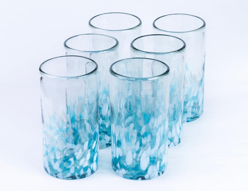 Handmade con Amor - 18 oz Hand Blown Mexican Drinking Glasses - Set of 6 tumblers, 18 fl oz each, Ocean Blue Confetti - Image 1
