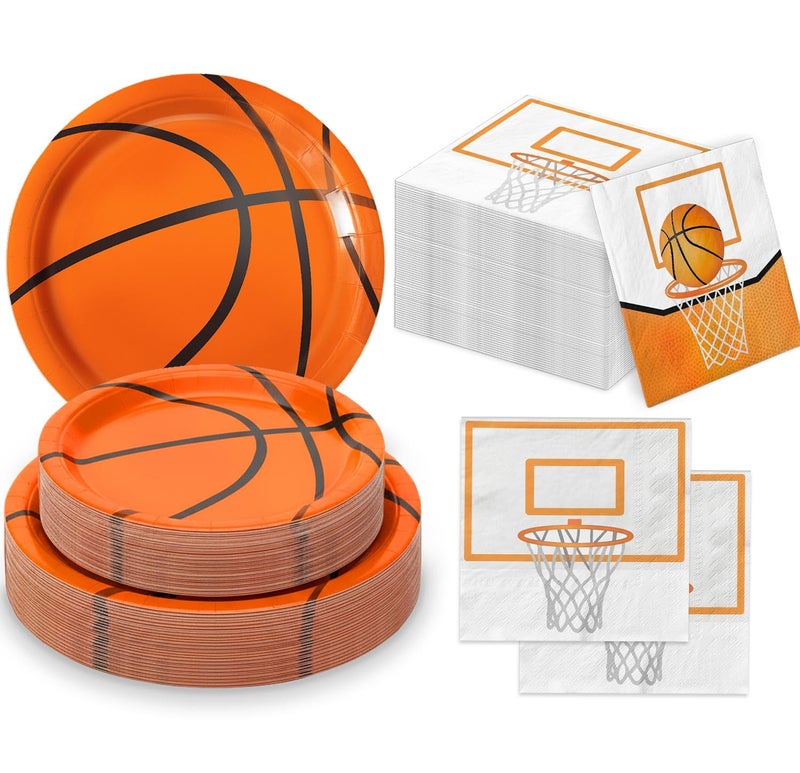 QIYANPAX 150 PCS Basketball Plates and Napkins Supplies - Dinner & Dessert Plates, Napkins for Basketball Birthday Party Decorations, Serves 50 - Image 1