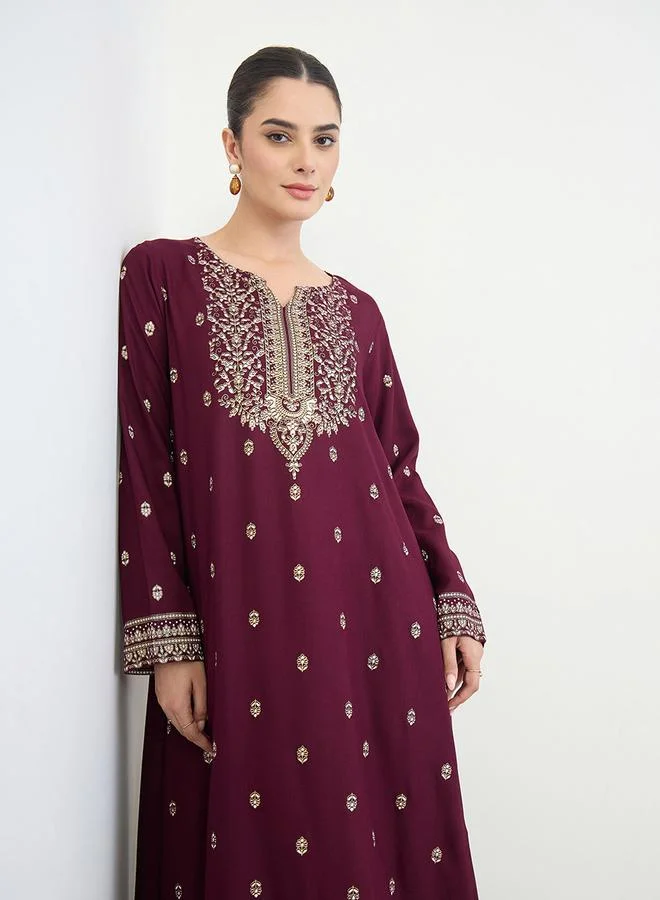 Amirah Burgundy Border Print Long Sleeve Jalabiya