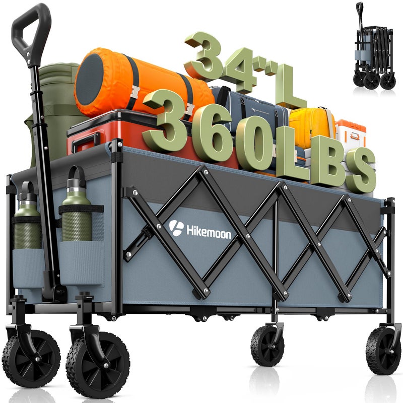 Hikemoon 34'' Extra Long Collapsible Wagons Carts Foldable, 360LBS Heavy Duty Folding Beach Wagon with Wheels, Portable Utility Outdoor Cart for Grocery, Garden, Sports, Camping, Blue & Grey - Image 1