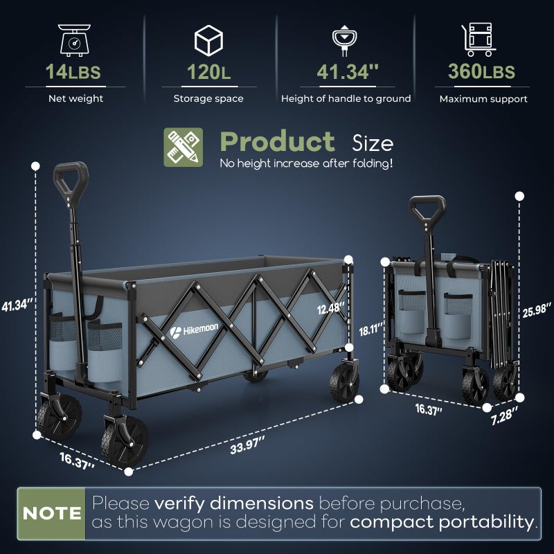 Hikemoon 34'' Extra Long Collapsible Wagons Carts Foldable, 360LBS Heavy Duty Folding Beach Wagon with Wheels, Portable Utility Outdoor Cart for Grocery, Garden, Sports, Camping, Blue & Grey - Image 2