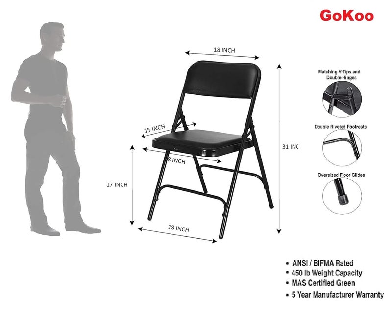 GoKoo Black Folding Chairs with Padded Seats Metal Folding Chairs Portable Dining Chairs Home Office Student Study Chair Desk Indoor Bedroom Room 1 Pack - Image 3