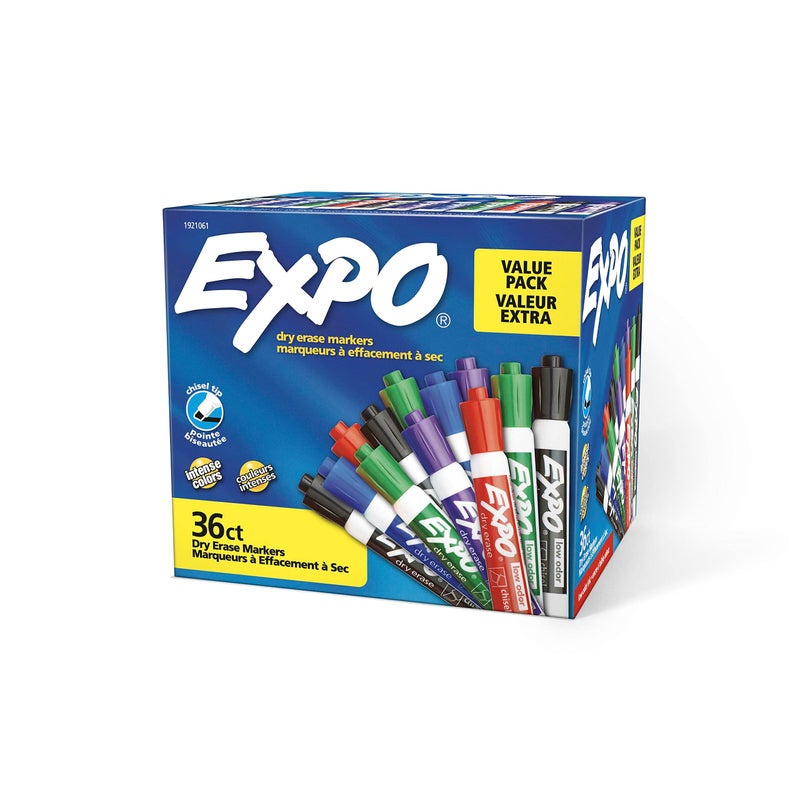 EXPO Low Odor Dry Erase Markers, Chisel Tip, Assorted Colors, Pack of 36 - Ideal for Classrooms, Offices & Home Offices - Image 1