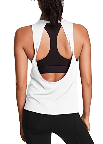Mippo Open Back Workout Tops Yoga Shirts Athletic Shirts Tennis Muscle Tank Workout Tank Tops for Women Loose Fit White M - Image 1